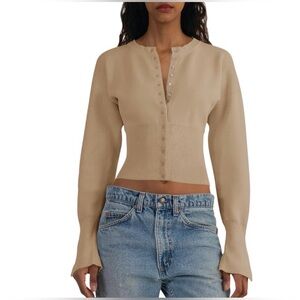 Womens Cropped Long Sleeve Cardigan Sweater Camel